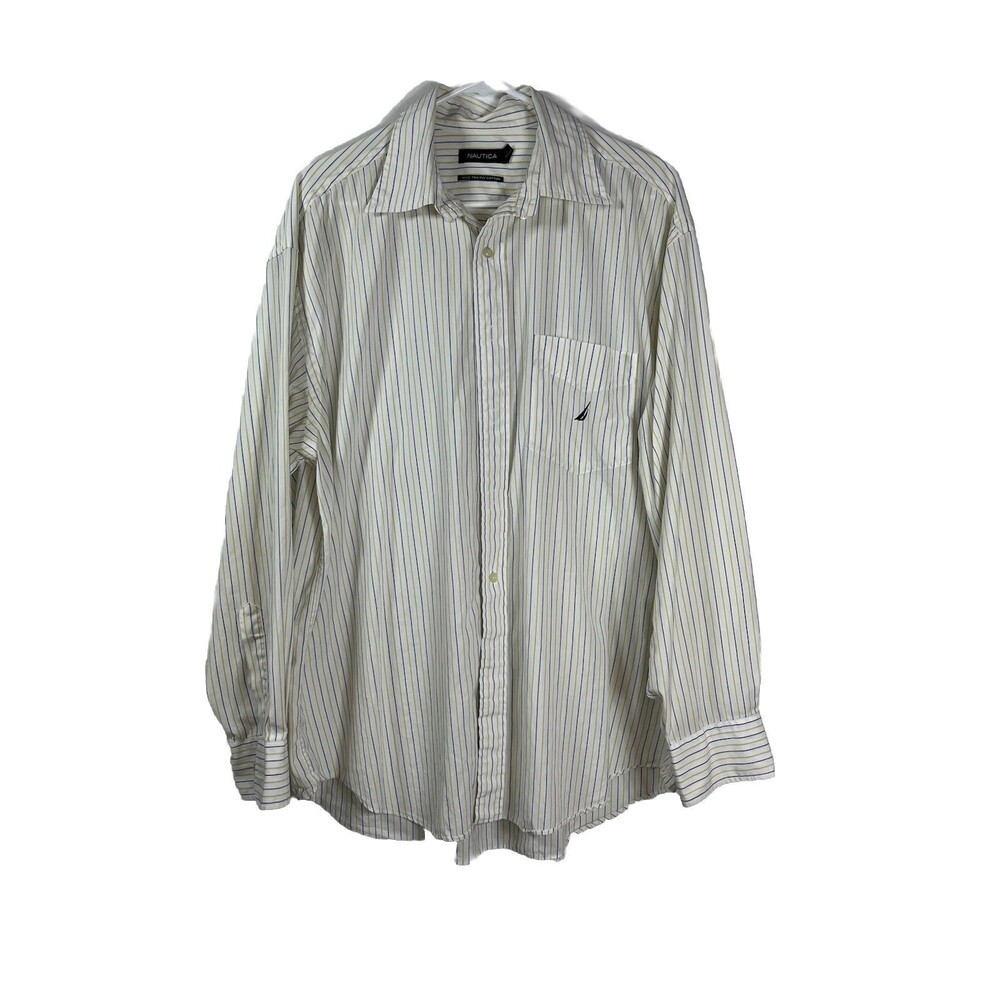 Nautica Shirt Mens XL Yellow Navy Blye Striped 2 Ply Cotton Button Up Pocket Y2K